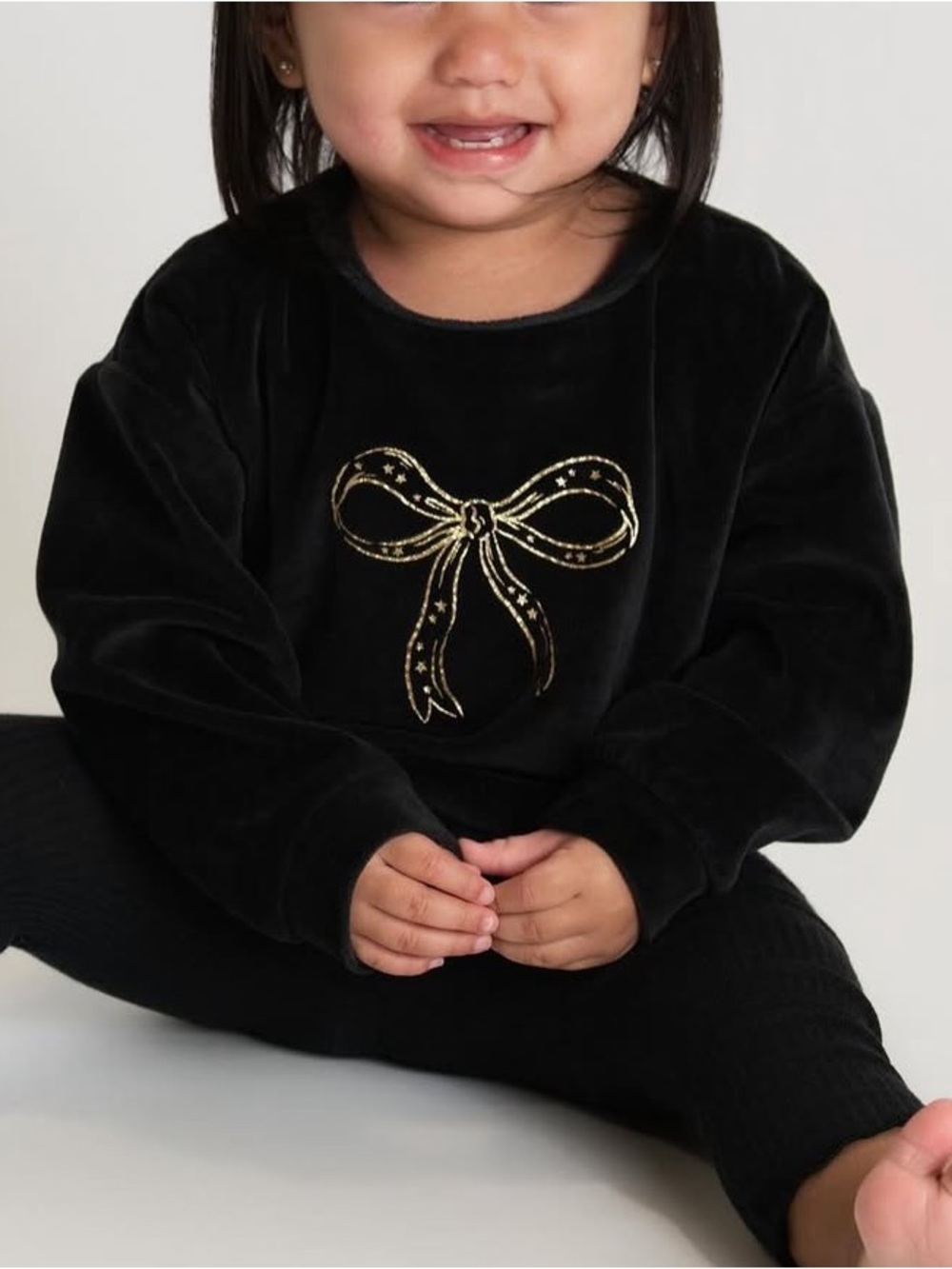 First Impressions Black Velvet Pajama Set with Gold Bow